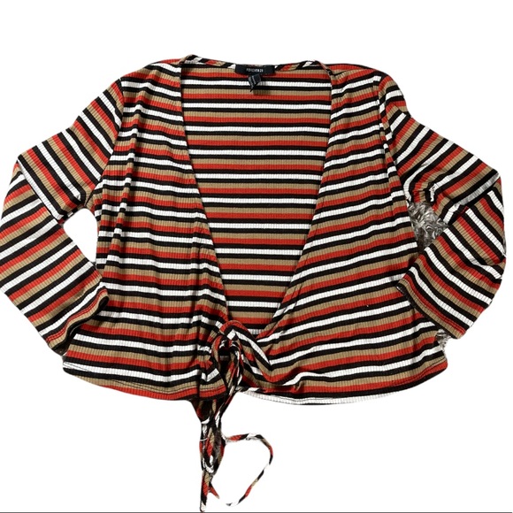 Forever21 size medium crop top tie front cardigan red, white, black, tan stripes - Picture 6 of 13